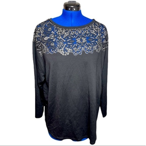 Ava & Viv 2X‎ black & grey semi sheer lace long sleeve crew neck sweater top